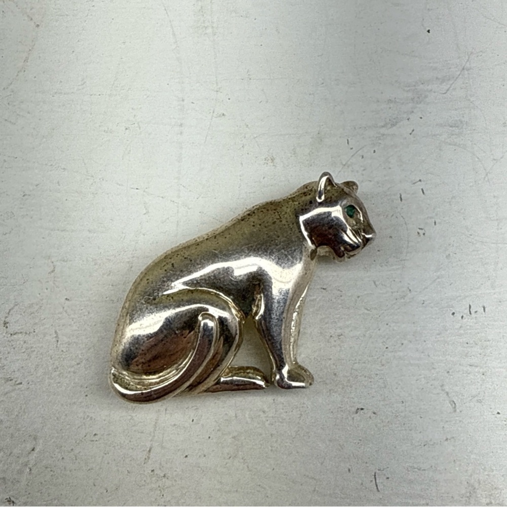 VTG Sterling Silver Emerald Eye Lion Panther Leopard Jaguar Kitty Cat Brooch Pin